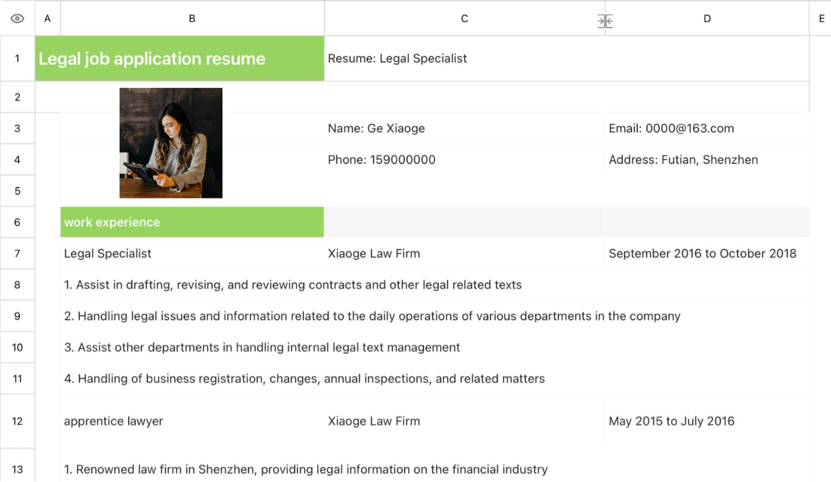 Resume of legal job application 1